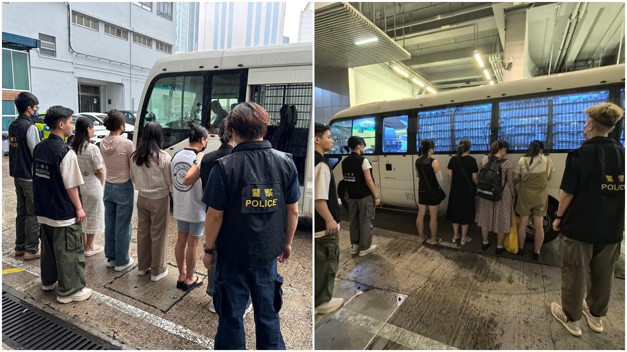 跨部門油尖區打擊黑工及掃黃，拘23人被捕包括2蒙古男女。(警方圖片)