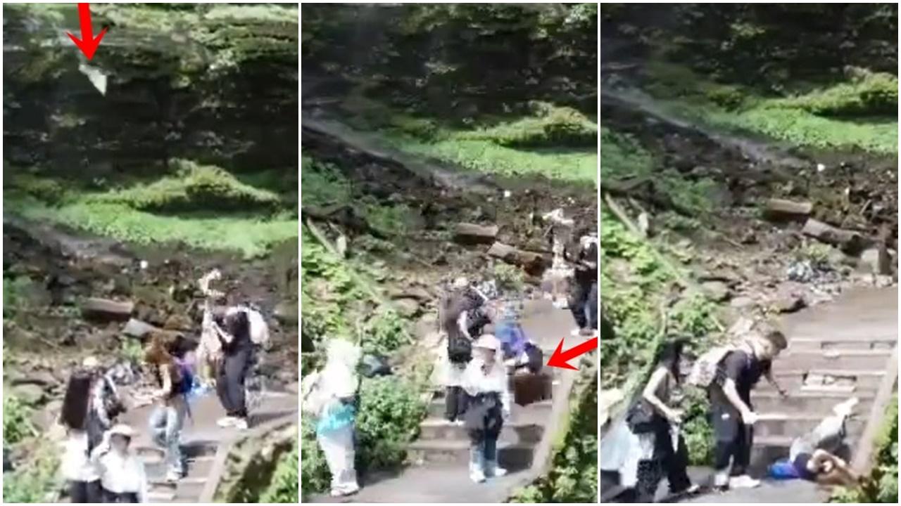 四川瓦屋山落石擊中女遊客身亡，事發片段網上瘋傳。(微博)
