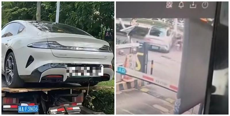 海南省海口市發生嚴重交通事故，一輛小米SU7純電動轎車衝出停車場，導致一死三傷。(影片截圖)