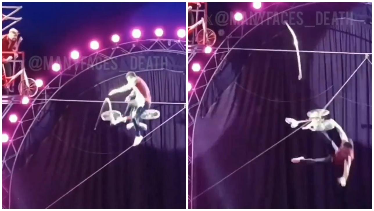 4米高鋼線踩單車失平衡，逾百觀眾前墮地身亡。(X)