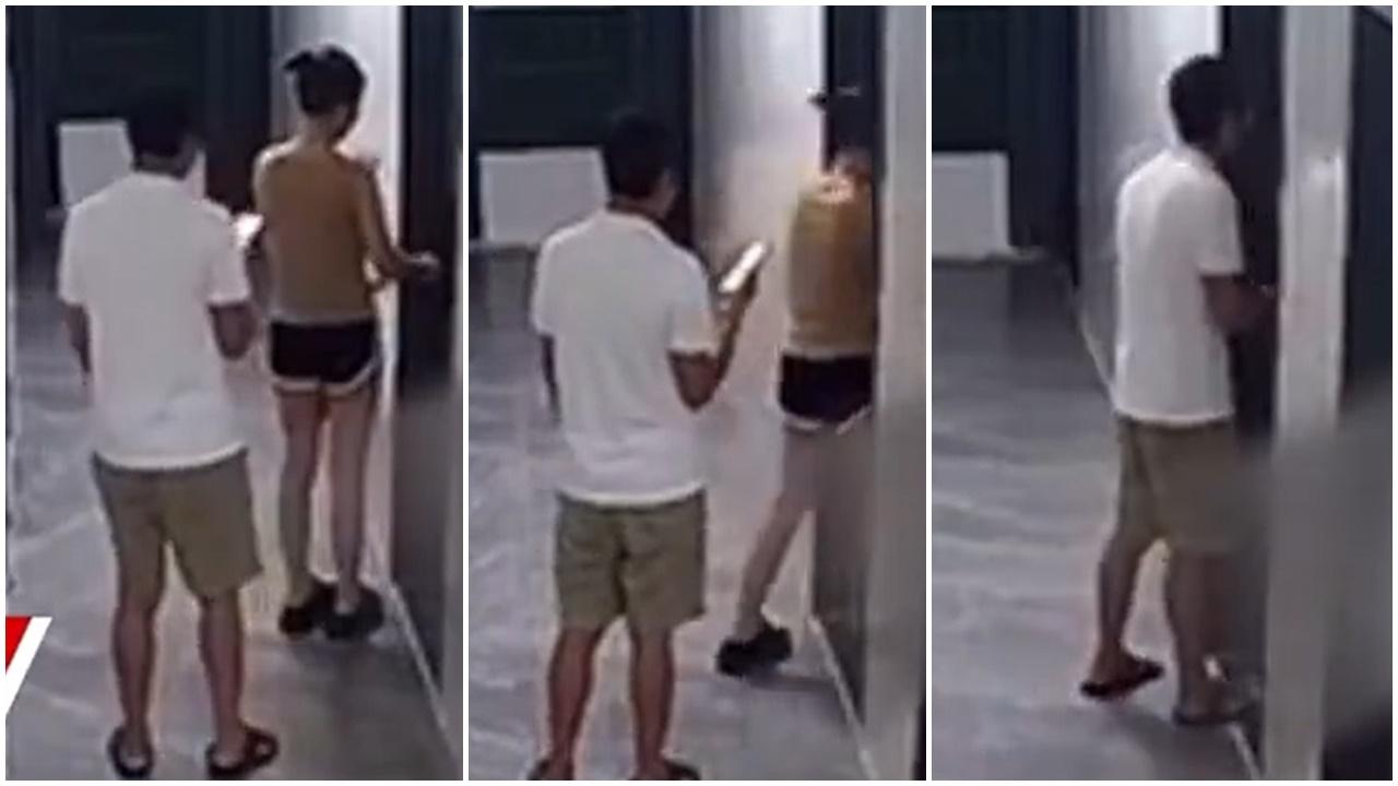 女子被猖狂男尾隨企正身後等開門，卻因一事逃過一劫。(微博)