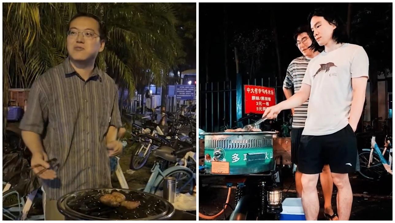 中山大學9碩博生擺賣烤腸減壓爆紅，檔主：現在躺下10分鐘就睡著。(微博)