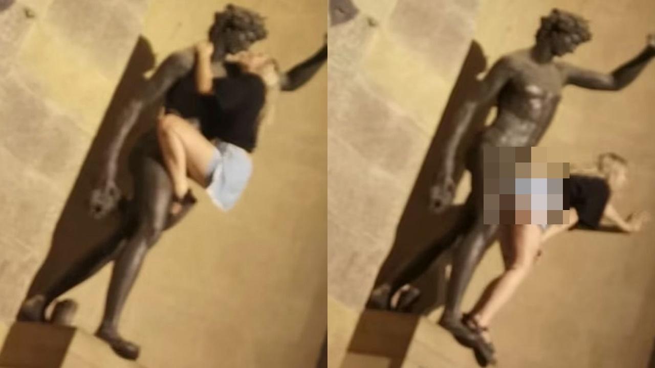 女遊客無恥「性騷擾」意大利雕像，惹全城憤怒。(網上圖片)