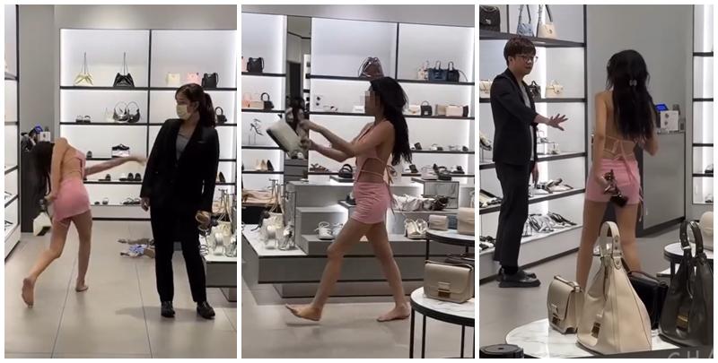 台灣台北101大樓有一名穿着性感的女子在一間名店專櫃搗亂，大肆亂翻商品。(影片截圖)
