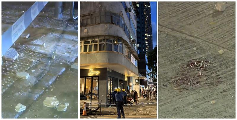堅尼地城60年唐樓美新大廈石屎剝落，擊傷60歲男途人頭部(西環變幻時FB/電視畫面)