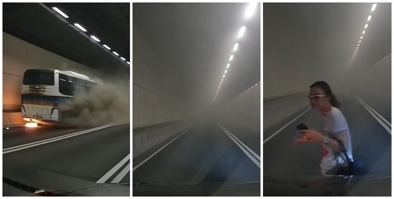  南灣隧道旅遊巴起火冒煙，休班救護接載司機及乘客離開充斥濃煙的隧道。Facebook群組「車cam L（香港群組）」影片截圖