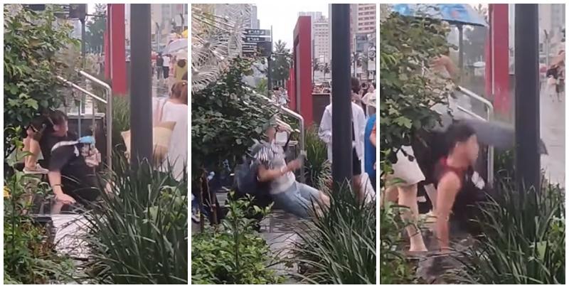 四川成都有地鐵站出口樓梯疑因地面物料問題，每到雨天有大量途人滑倒(影片截圖)