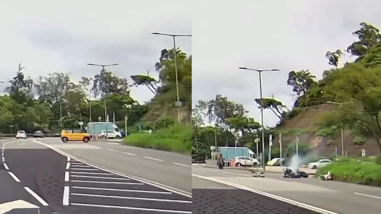 大埔道有電單車與私家車相撞，有車Cam片段拍攝到事發一刻。(網民Noel Hui@FB群組「馬路的事討論區」影片截圖)