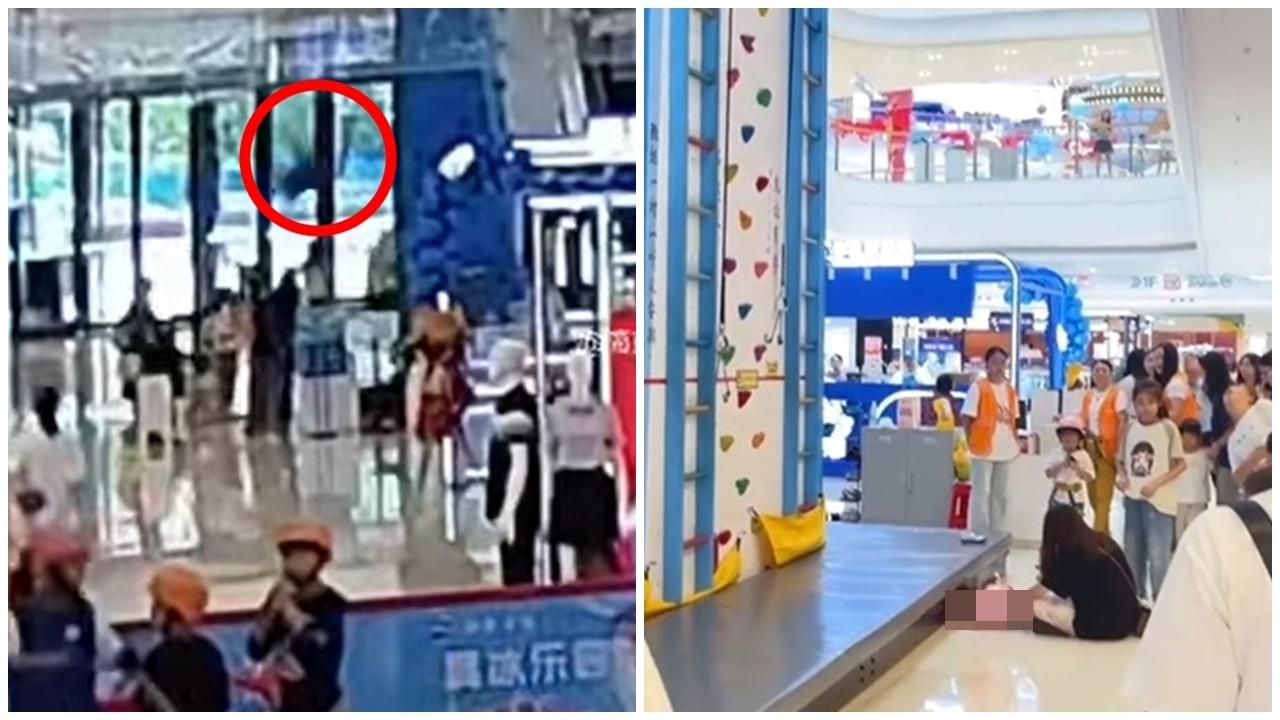 肇慶女童商場玩攀岩高處墮地亡，官方指未繫好安全帶。(微博)