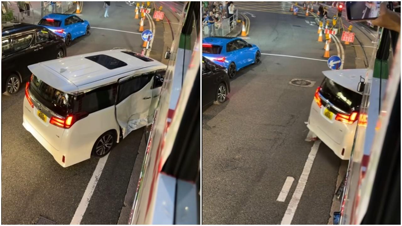 灣仔七人車車門凹陷強攝電車車頭，駛入電車路。(車cam L（香港群組）@FB)