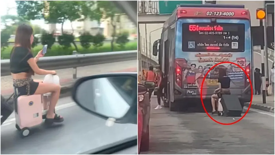 曼谷熱褲女騎「電動行李箱」狂鑽車陣　全程低頭滑手機被轟玩命