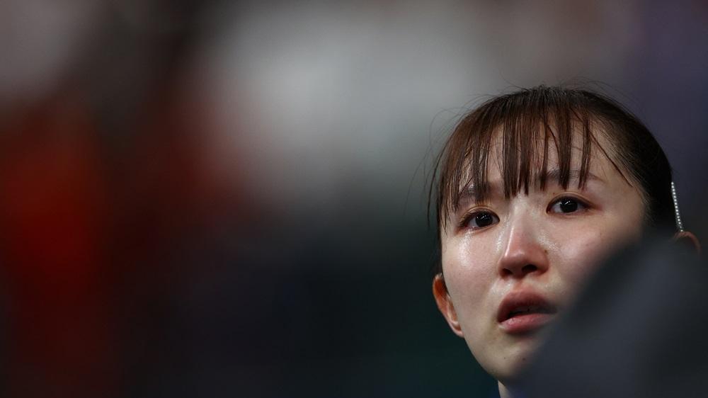 早田希娜賽後淚流滿面。(路透社)