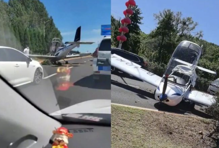 遼寧大連一架小型飛機疑失控迫降公路上，差一點就砸到路過車輛，驚險畫面在社交平台瘋傳。(網上圖片/影片截圖)