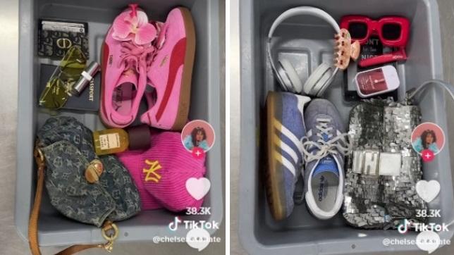 網紅恩里克斯拍片展示她把隨身物品整齊地放在安檢托盤內。(互聯網)