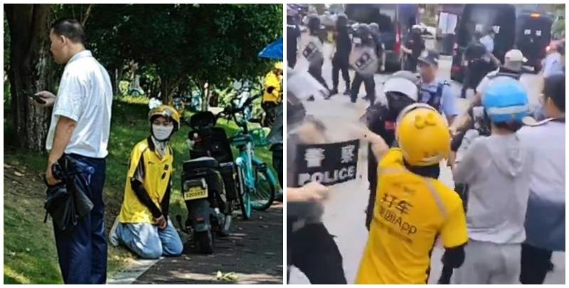 杭州市一名美團外賣送餐騎手在西溪世紀中心一處寫字樓不慎踩倒花圃圍欄，遭保安阻止離開，並拔走其電動單車的車匙，傳保安還要求罰款200元人民幣，該名騎手當時即刻下跪求歸還車匙。(網上圖片)