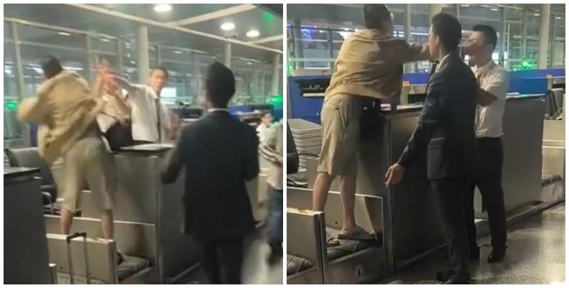 上海浦東機場有乘客因遲到未能乘搭原定航班，在航空公司櫃檯情緒失控，毆打機場地勤人員，遭公安行政拘留。(影片截圖)