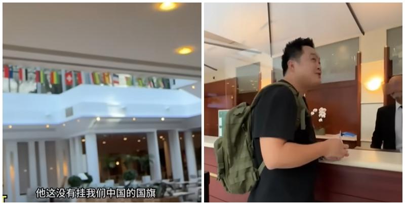 位於法國巴黎的台資酒店「長榮桂冠酒店（Evergreen Laurel Hotel）」於奧運期間在大堂懸掛了各國國旗，但缺少中國五星旗(影片截圖)