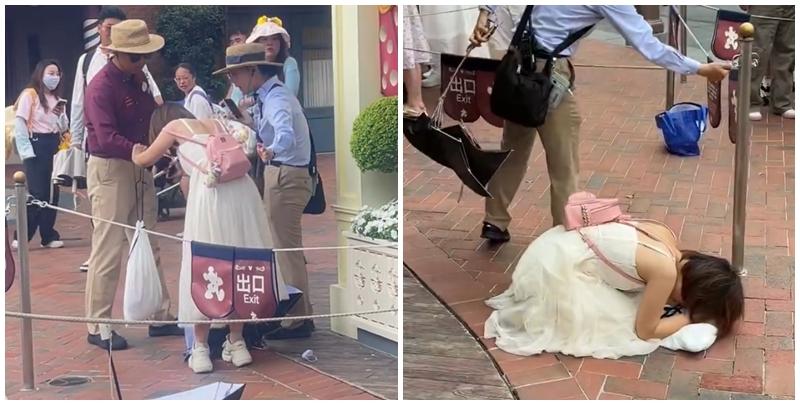 上海迪士尼一名女遊客排隊等候遊玩項目期間去廁所，因超過了規定的20分鐘「廁所卡」時限，與工作人員發生爭執不果後崩潰大哭。(影片截圖)