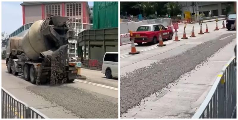 田螺車沿鯉魚門茶果嶺道往油塘方向行駛，轉動中的攪拌筒突「爆漿」漏出大量混凝土，排出一條數十米的「石屎路」(影片截圖)