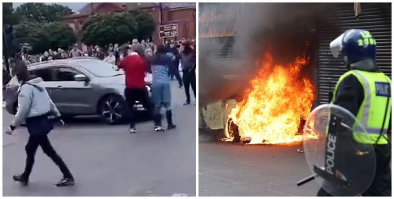 英極右反移民示威｜英格蘭東北部城市米杜士堡亦有反移民示威，期間示威者與警方及其他不明人士爆發衝突，有汽車被焚毀