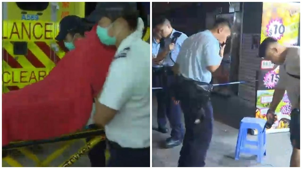 灣仔小食店女店員捱斬，兩兇徒登的士逃去。(電視截圖)