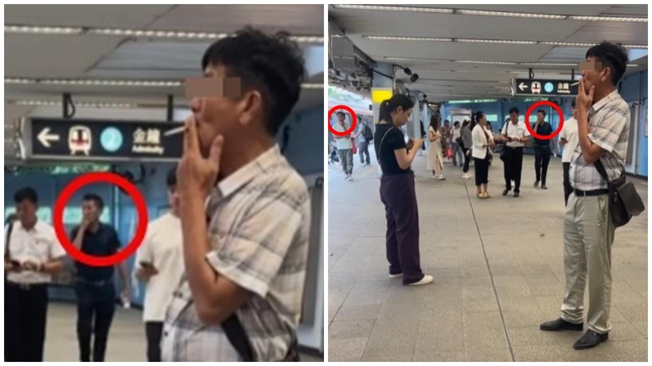 九龍塘站月台激罕4男同框煲煙，網民嘆：搵職員罰佢5千先講啦。