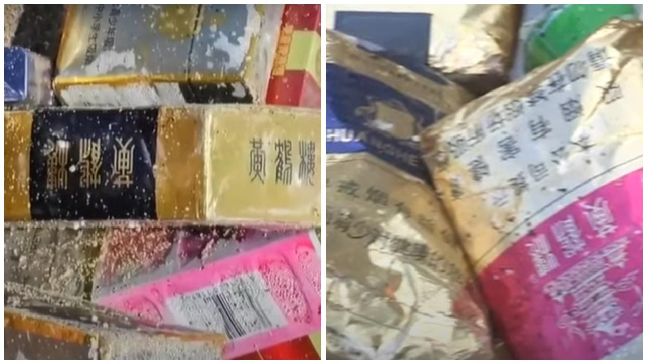 大量中國製香煙湧現日本海岸，疑有貨櫃墮海導致。(YouTube)