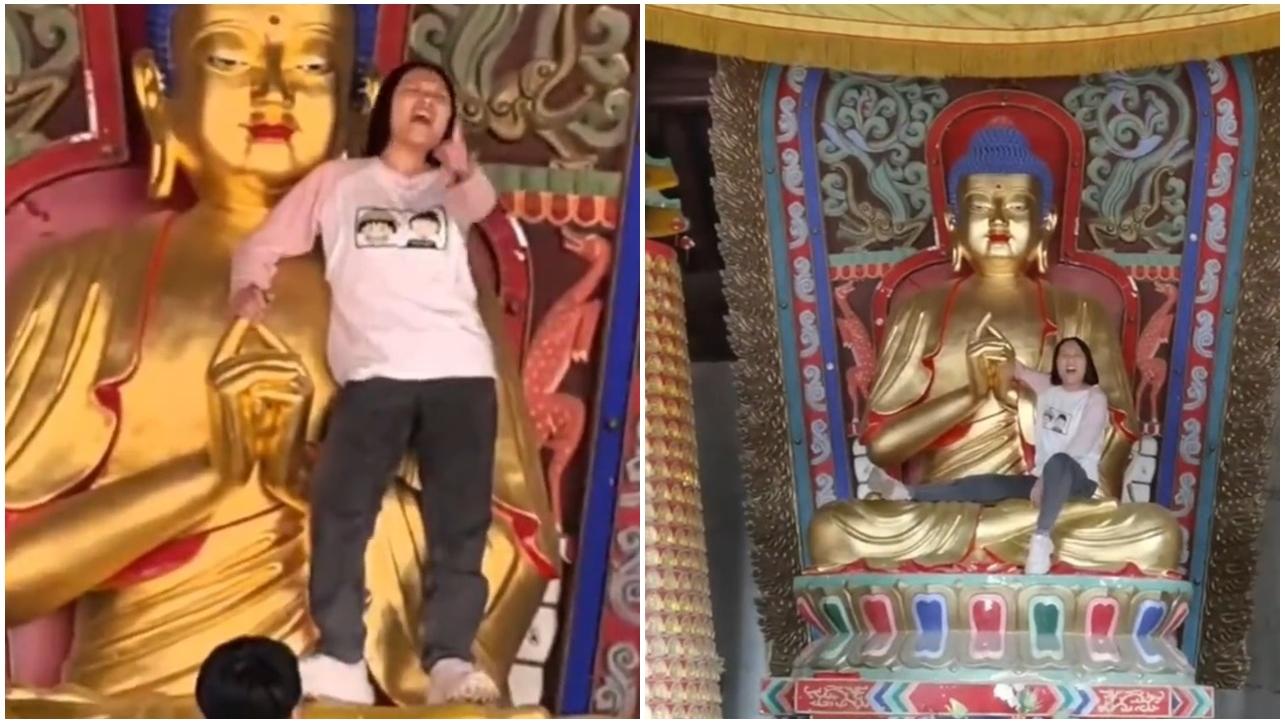 山西女遊客爬上佛像大喊「老子是活菩薩」，網民：黑悟空上身。(微博)