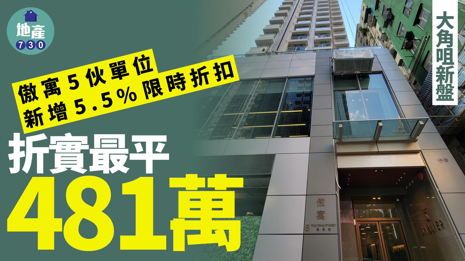 傲寓5伙單位新增5.5%限時折扣 折實最平481萬｜大角咀新盤