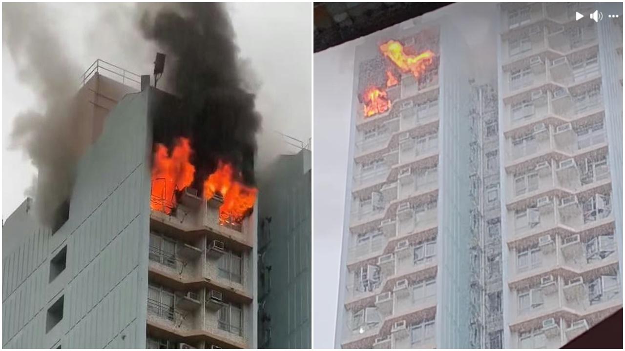 樂滿樓一個高層單位陷入火海，火勢相當猛烈。(網片截圖)  