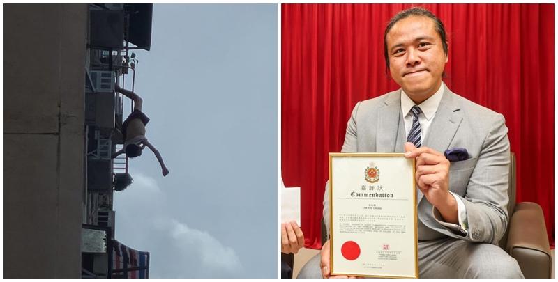 觀塘翠屏北邨翠柳樓一名77歲長者晾衫期間失足跌出7樓窗外，腳部卡在晾衫架上倒吊，幸獲熱心市民陸貽聰發現破門入屋走捉緊其腿部。(網上圖片/消防處fb)