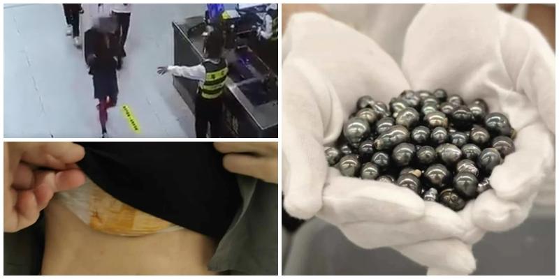 內地海關在皇崗口岸發現一名女旅客舉止異常，在其胸部發現兩袋用保鮮紙纏繞固定的黃色膠紙包裝物，另在其裙下打底褲襠部發現一袋同樣的黃色膠紙包裝物，查獲黑珍珠626粒。(內地海關總署)