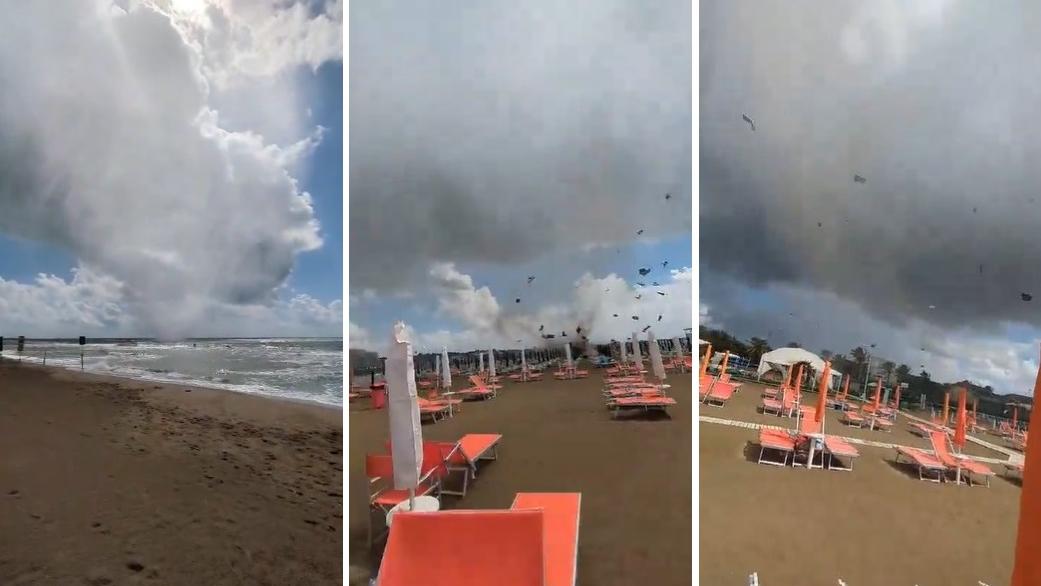 巨大水龍捲橫掃沙灘，太陽傘和躺椅等捲上半空亂飛。(互聯網)