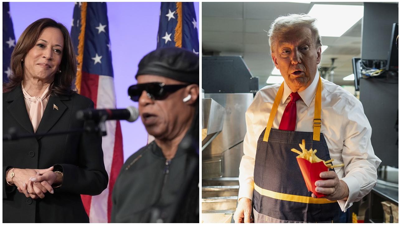 美國大選2024，賀錦麗60歲生日獲Stevie Wonder站台，特朗普到快餐店炸薯條拉票。(AP)