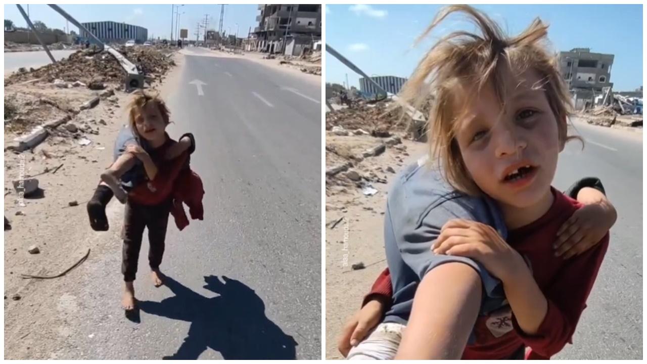 以巴衝突，加沙女孩抬著受傷妹妹，赤腳走路2公里求醫。(X)