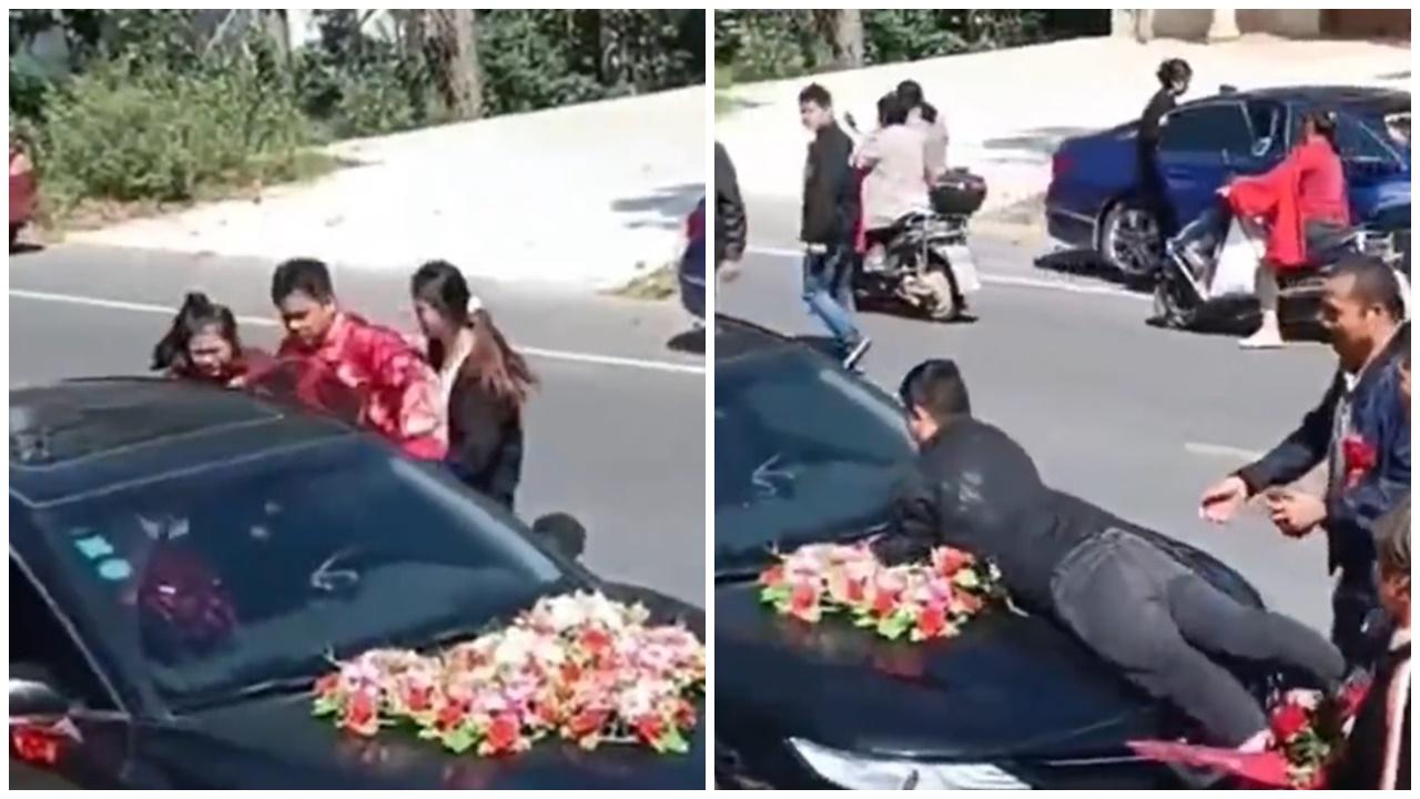 河南新娘哥哥疑未收到18萬聘金，趴禮車阻新人離開。(微博)