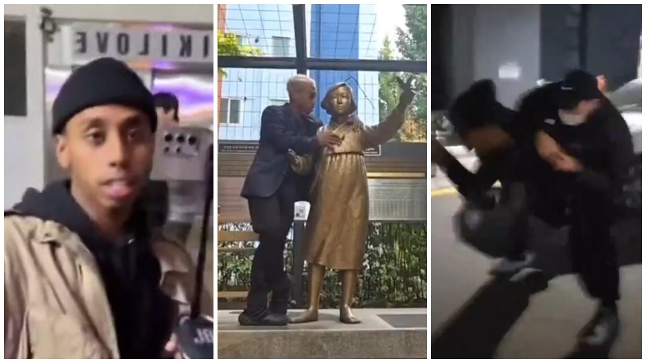 美國網紅南韓褻瀆慰安婦像騷擾女性惹眾怒，街上接連遭襲擊。(X)