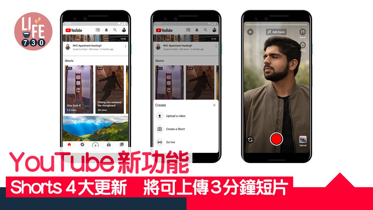 YouTube新功能｜Shorts 4大更新　將可上傳3分鐘短片