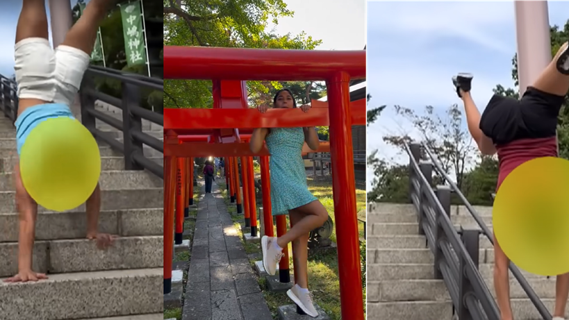 體操女網紅姊妹花 日本神社鳥居做引體上升 倒立落樓梯遭鬧爆(有片)