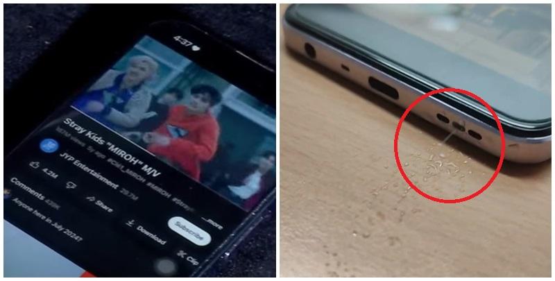 有網民稱外出時iPhone手機不慎掉落地面「入水」，事後竟只靠播放一首歌曲，即讓喇叭孔噴出一堆水珠