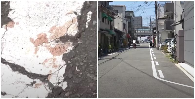 港人夫婦7月遊大阪遇劫被割傷，日本電視台於案發翌日赴現場報道事件，路面有血跡。(影片截圖)