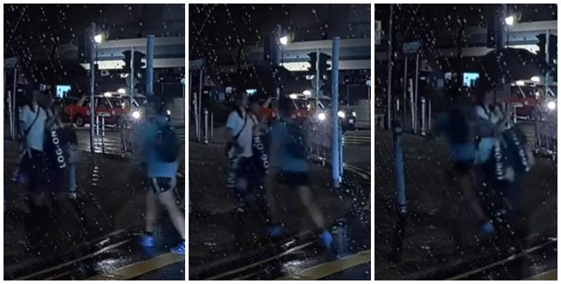 一名男子於雨夜下過馬路，對面迎來兩名少女，此時男子突加速疑似出手「胸襲」其中一女後速逃，兩女不知所措，最後繼續橫過馬路。(facebook群組「大埔人大埔谷」)