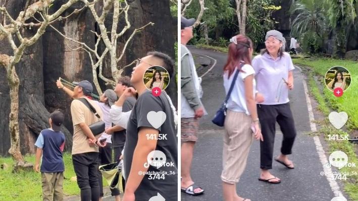 戴鴨舌帽女子用彈弓朝上方射擊，吸引旁邊的人觀看，女子隨後再向其他地方射擊。(互聯網)