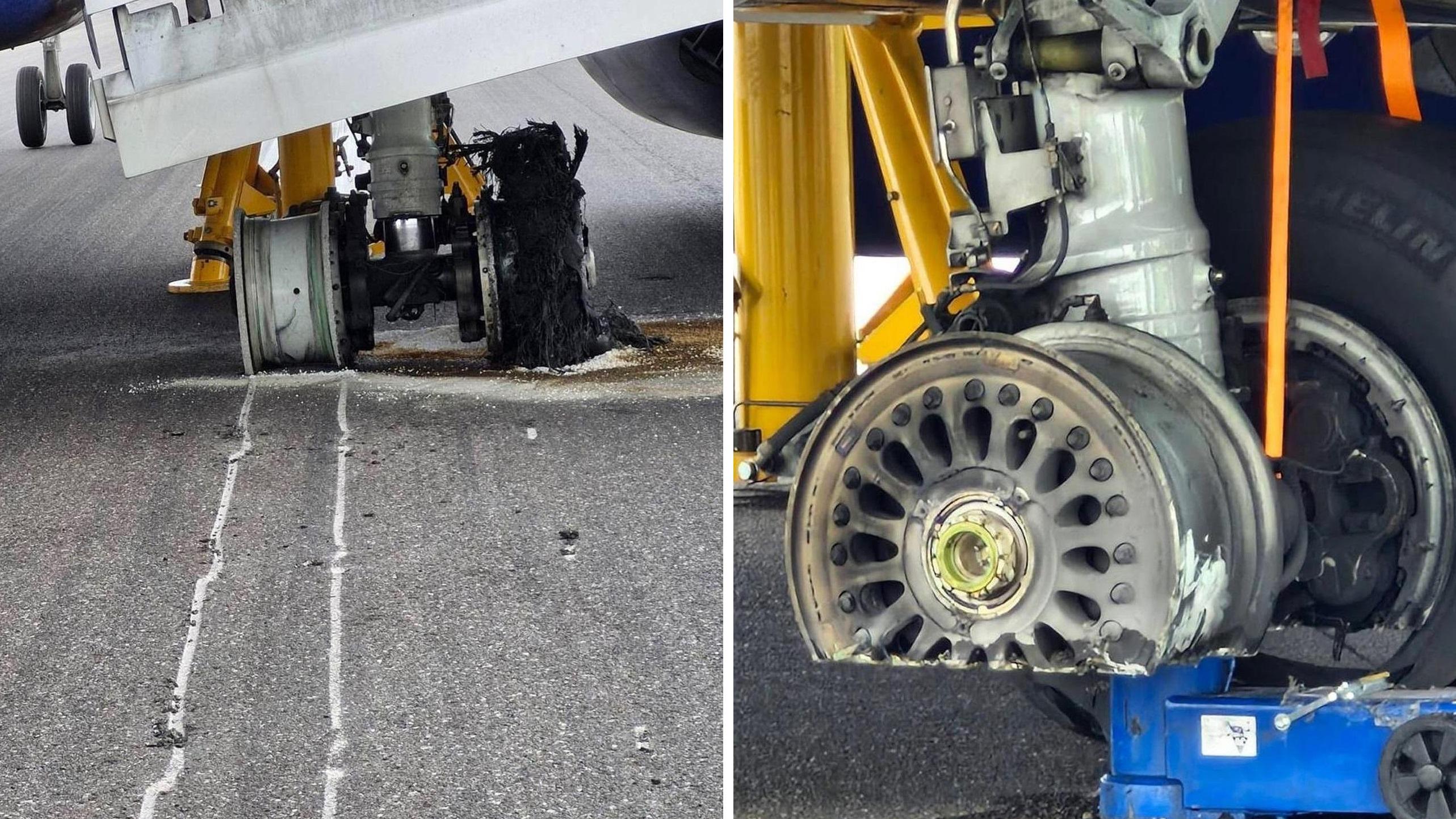 瑞安客機降落米蘭機場時4個主輪胎全爆，輪框毀爛，跑道磨損。(互聯網)