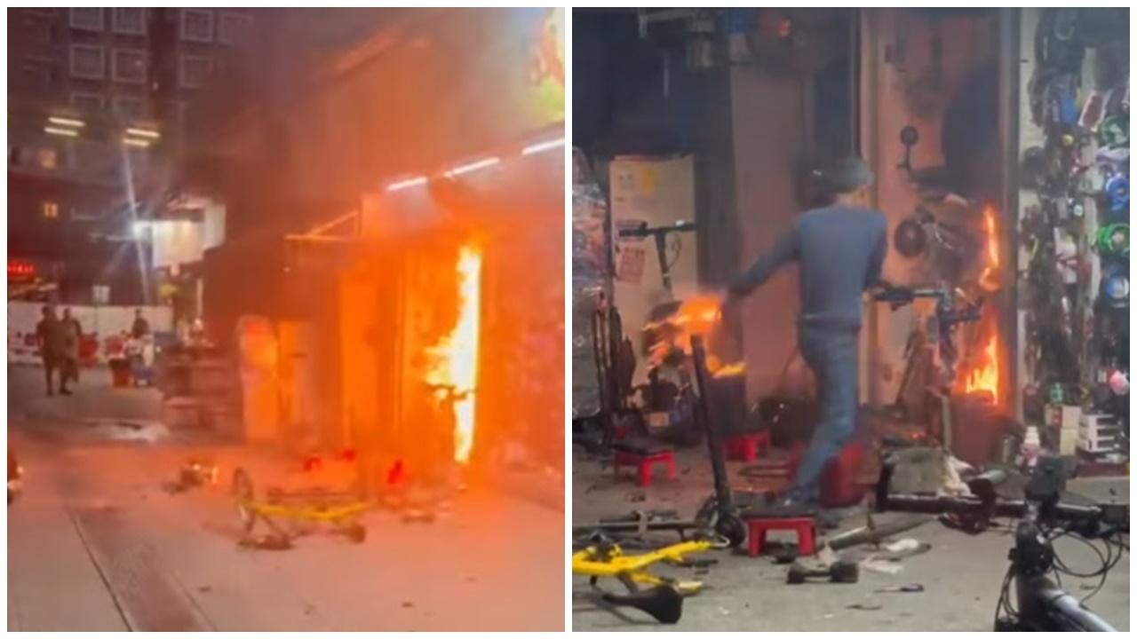 元朗單車舖起火焫著油漆罐爆炸，店主自行救火不果。(車cam L（香港群組）@FB)