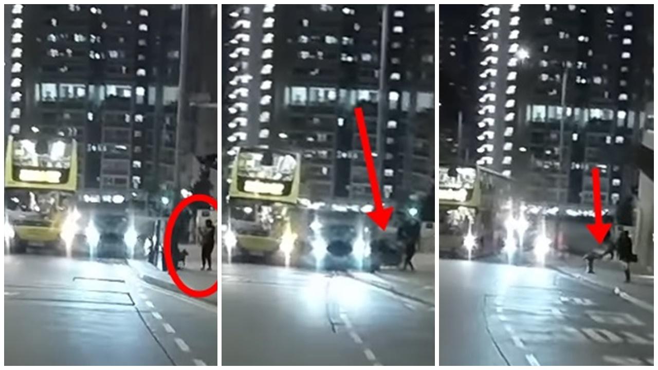 車cam直擊，柴灣道私家車避切線城巴，剷上行人路撞跌電單車波及遛狗女。(車cam L（香港群組）@FB)