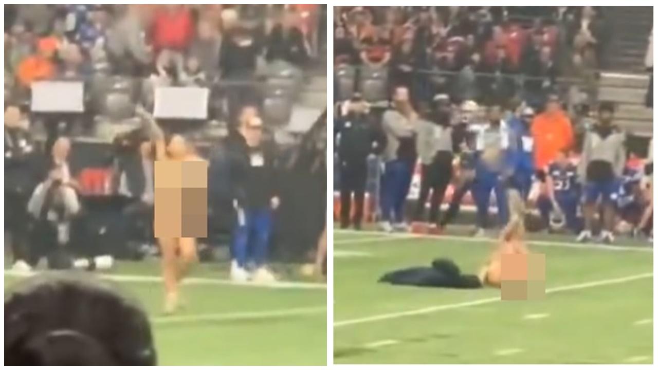 全裸女闖球賽狂奔碌草地兩腳朝天，保安全程無阻止惹熱議。(X)