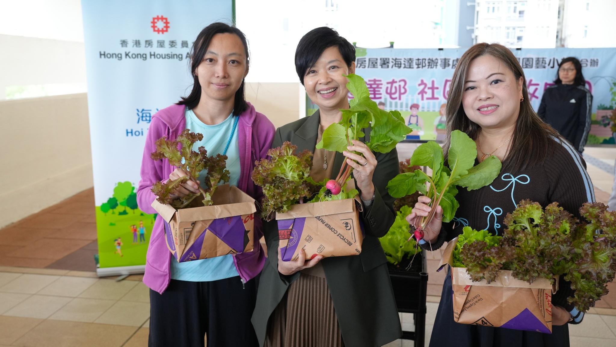 何永賢(中)同羅淑佩(右)參與海達邨社區園圃收成日。(何永賢FB)