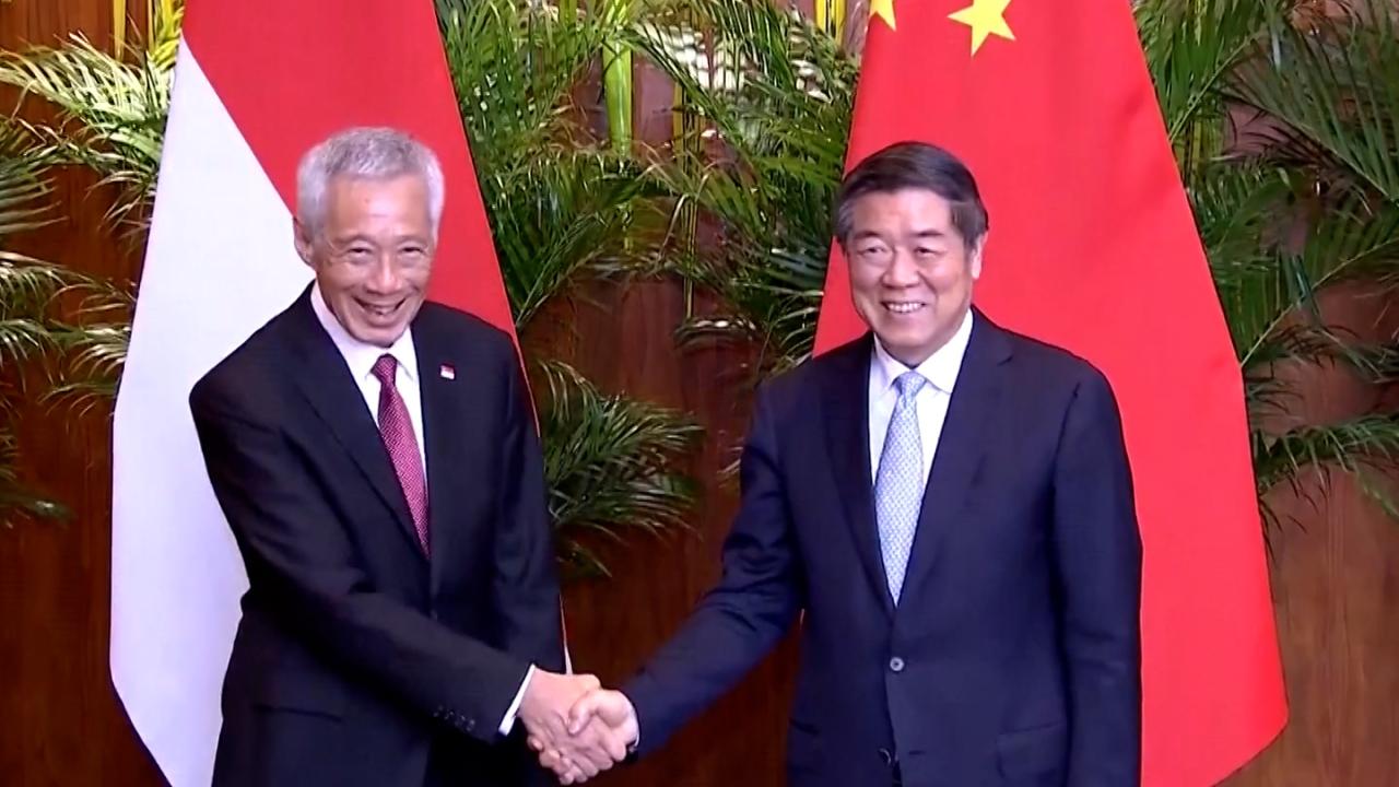 何立峰在蘇州與訪華的新加坡國務資政李顯龍會面。（央視截圖）