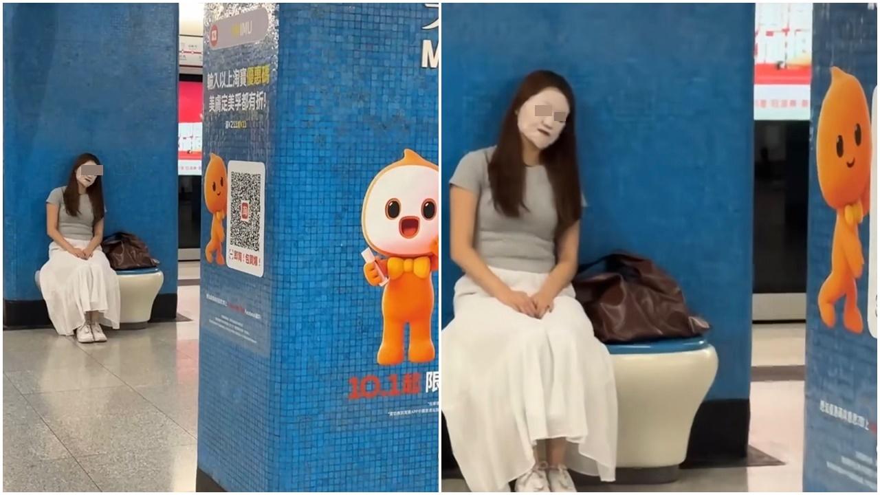 網上熱話｜港鐵「睡公主」美孚站敷面膜。(網片截圖)